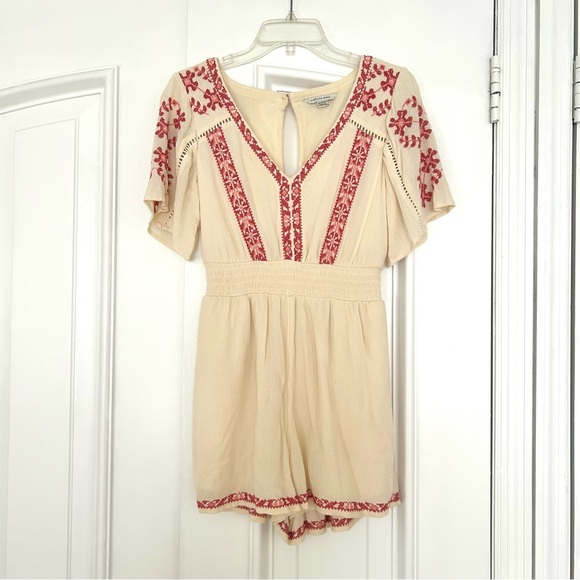 American Eagle Outfitters Pants - American Eagle Outfitters Cream and Red Embroidered Romper
